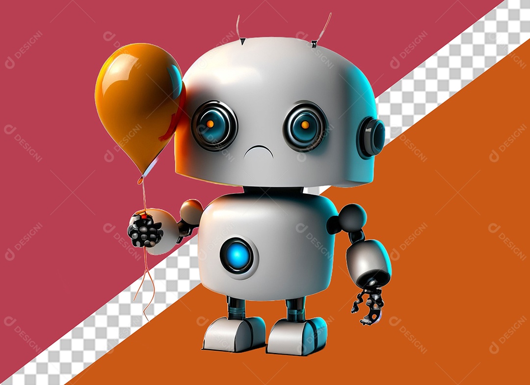 Elemento Robô 3D Branco Segurando Balões Laranja para Composição PSD