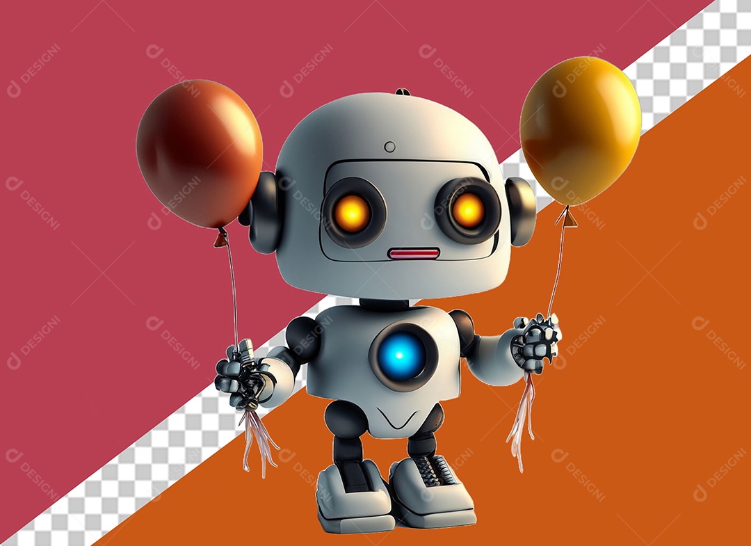Elemento Robô 3D Branco Segurando Balões Colorido para Composição PSD