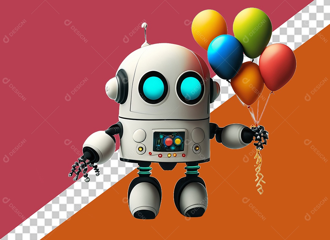 Elemento Robô 3D Branco Segurando Balões Colorido para Composição PSD