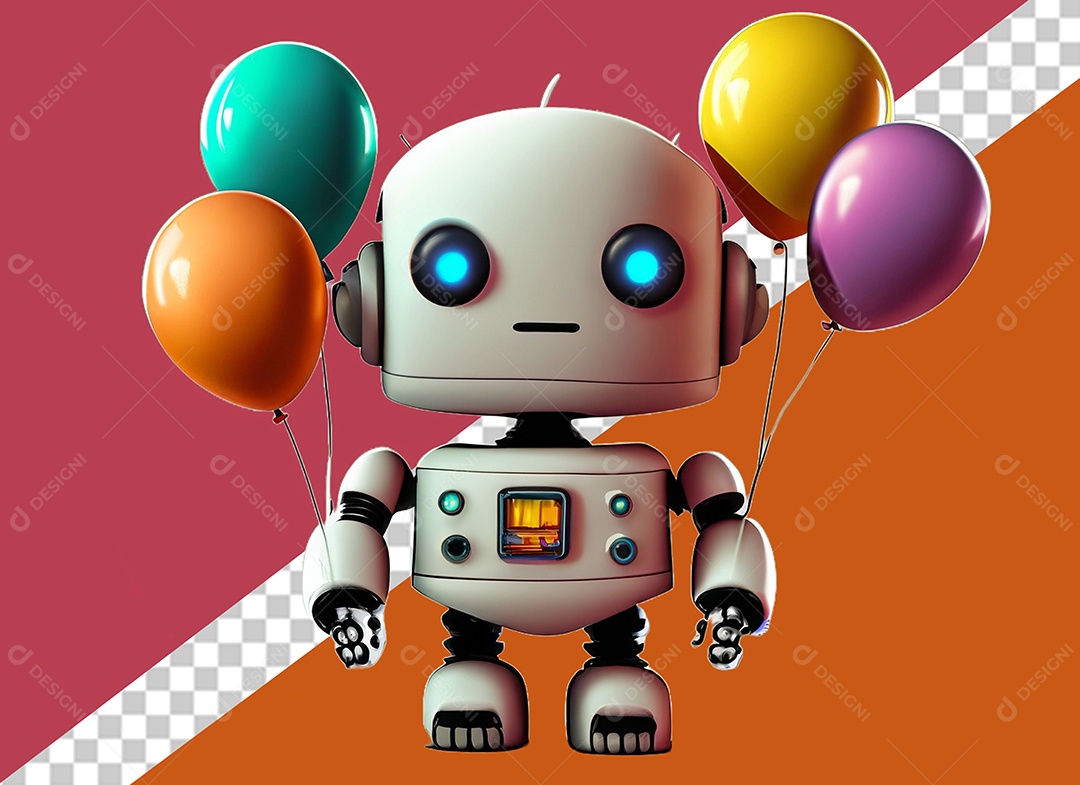 Elemento Robô 3D Branco Segurando Balões Colorido para Composição PSD
