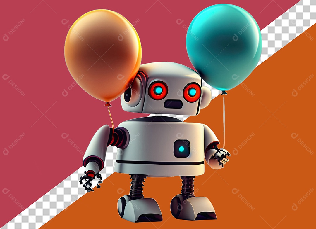 Robô 3D Branco Segurando Balões Laranja e Azul Elemento para Composição PSD