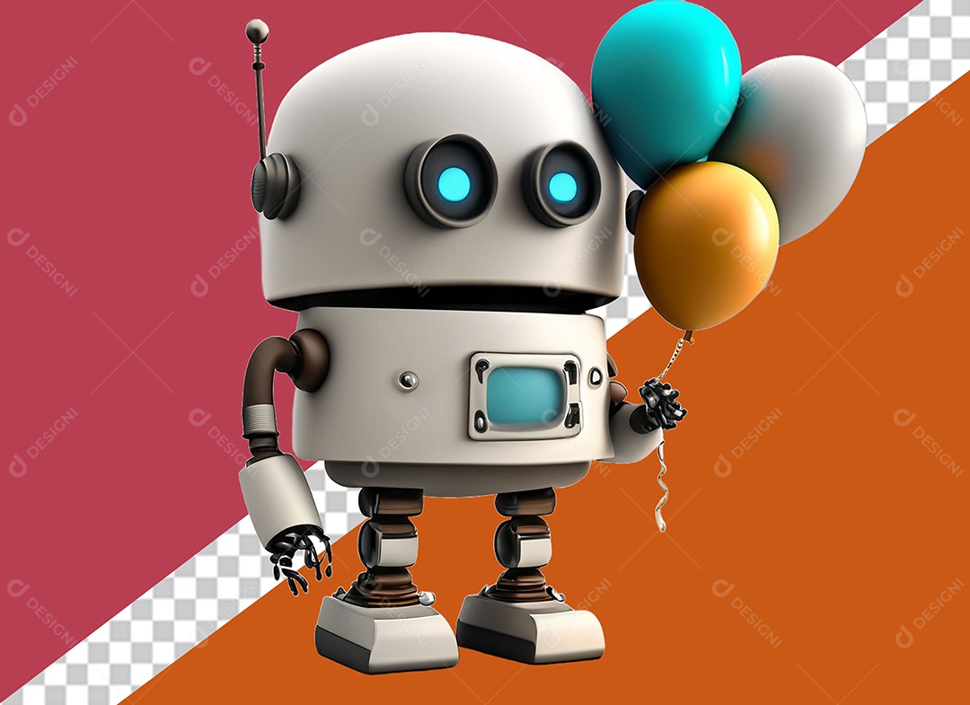 Robô 3D Branco Segurando Balões Azul Cinza e Laranja Elemento para Composição PSD