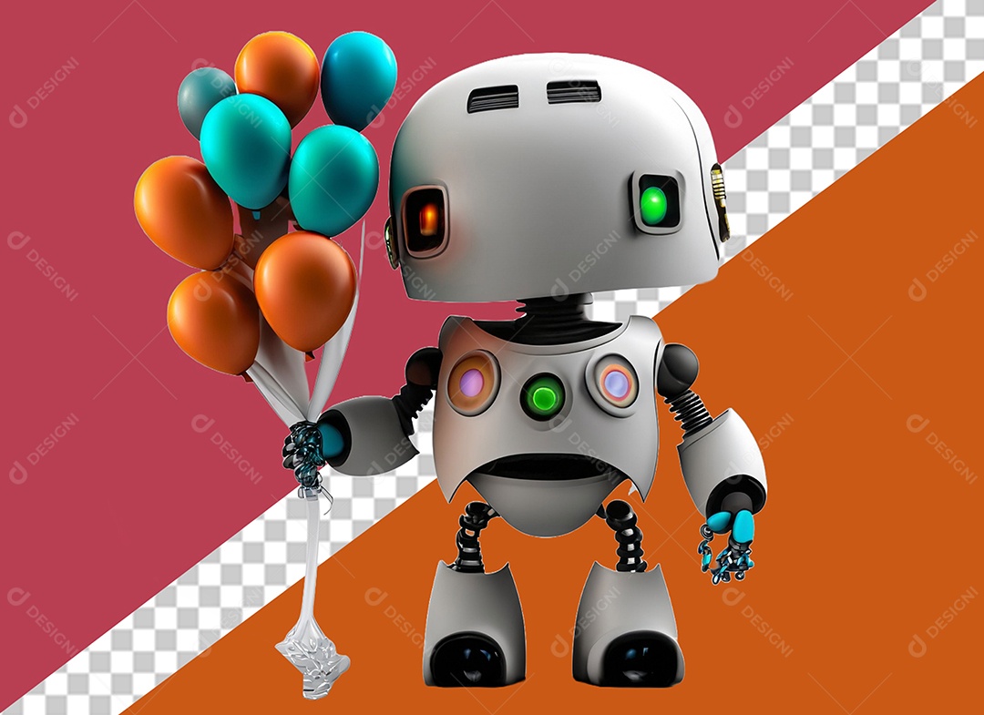 Robô 3D Branco Segurando Balões Laranja e Azul Elemento para Composição PSD