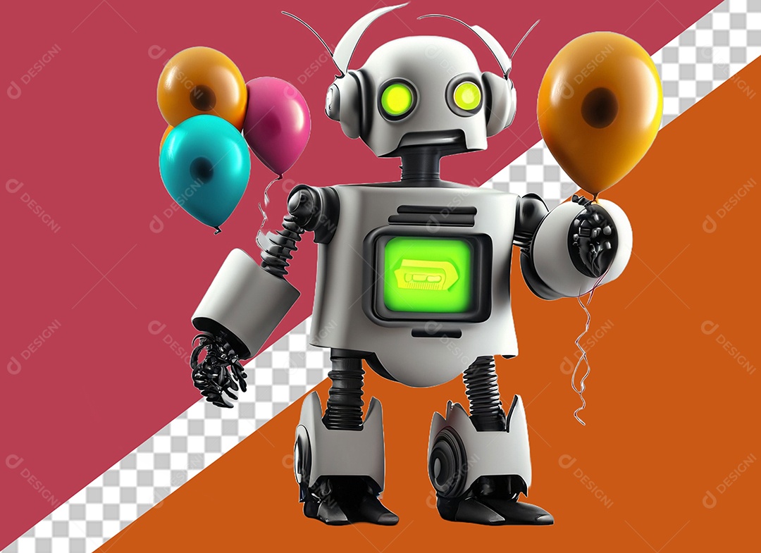 Robô 3D Branco Segurando Balões Colorido Elemento para Composição PSD