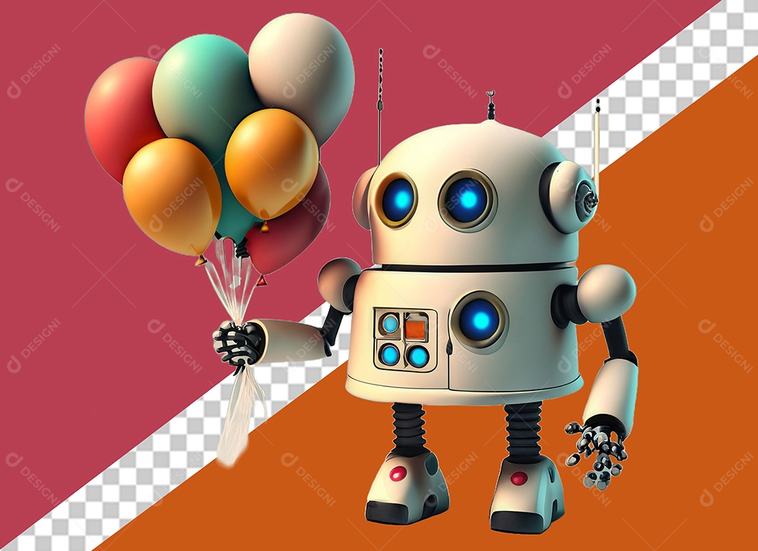 Robô 3D Branco Segurando Balões Colorido Elemento para Composição PSD