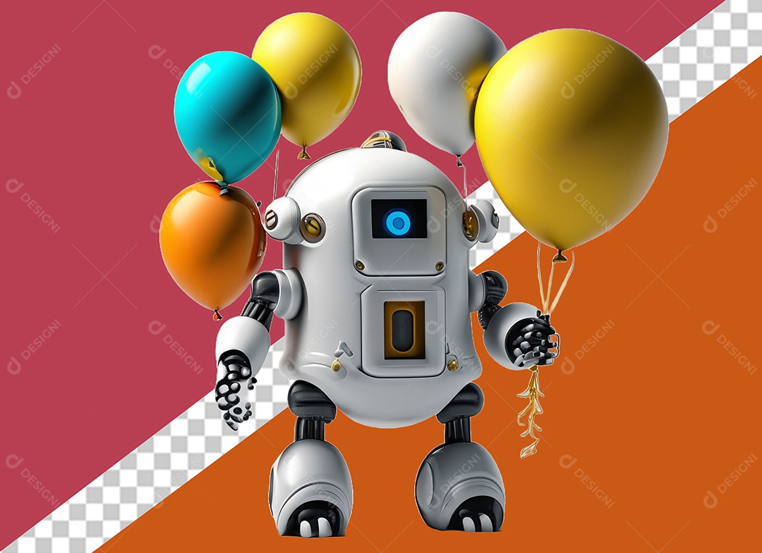 White 3D Robot Holding Colorful Balloons Element for PSD Composition