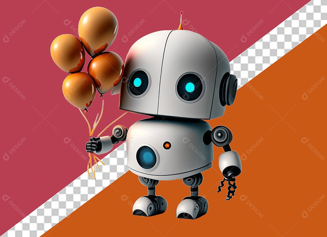 Robô 3D Branco Segurando Balões Laranja Elemento para Composição PSD