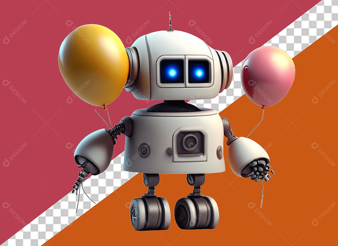 Robô 3D Branco Segurando Balões Amarelo e Rosa Elemento para Composição PSD