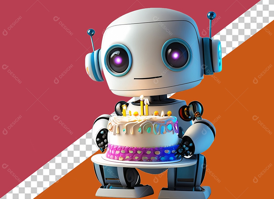 Robô 3D Branco Segurando Bolo de Aniversário Elemento para Composição PSD