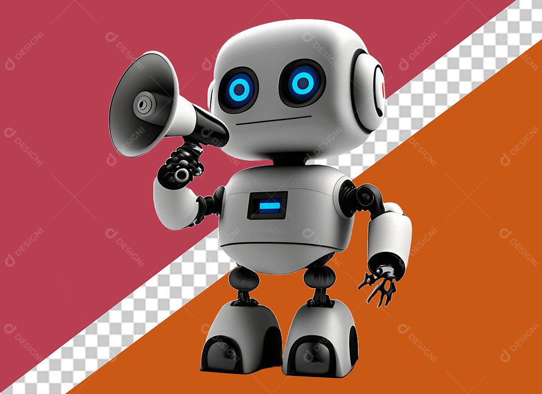 Elemento 3D Robô Falando em Megafone Branco e Preto para Composição PSD