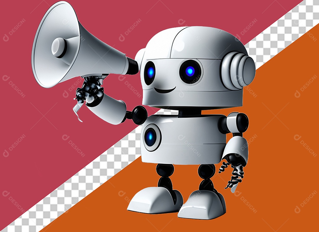 Elemento 3D Robô Falando em Megafone Branco e Preto para Composição PSD