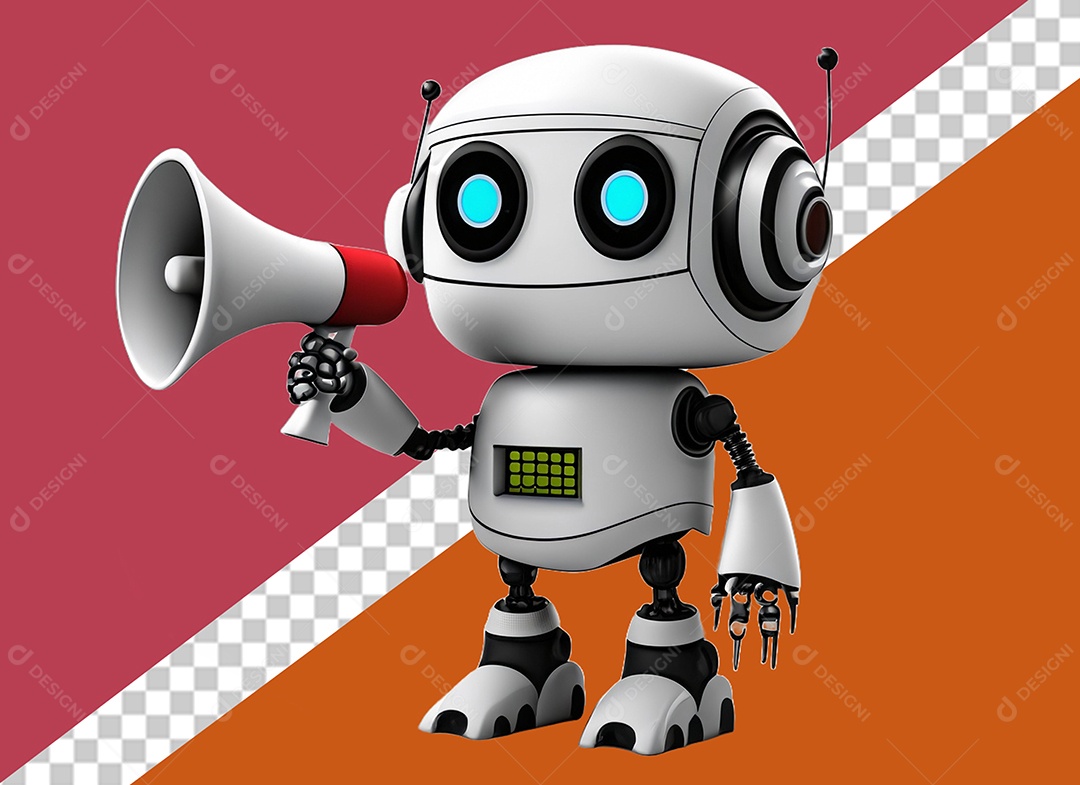 Elemento 3D Robô Falando em Megafone Branco e Vermelho para Composição PSD