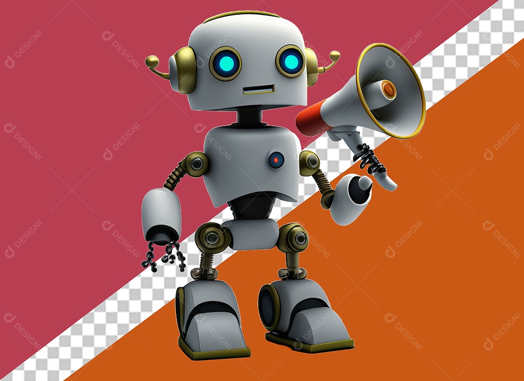 Elemento 3D Robô Falando em Megafone Branco Amarelo e Vermelho para Composição PSD
