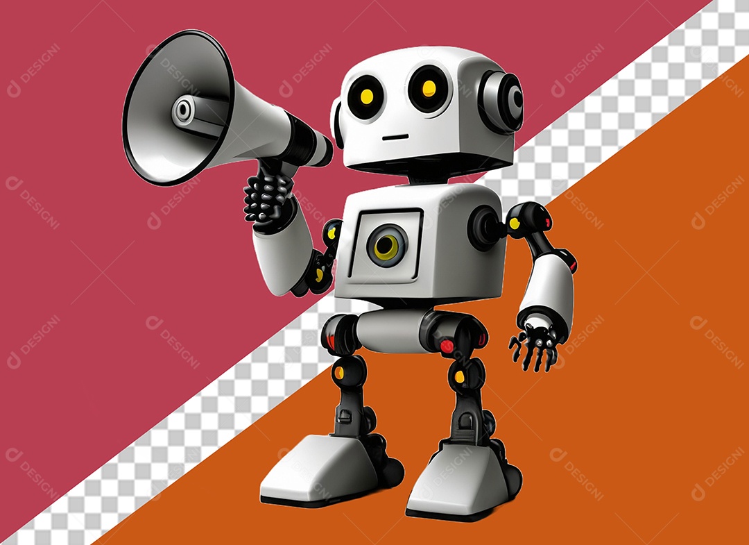 Elemento 3D Robô Falando em Megafone Branco e Preto para Composição PSD