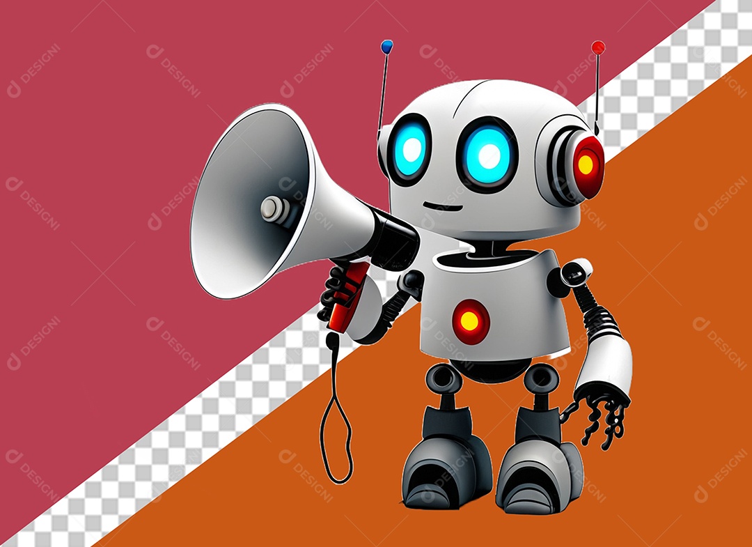 Elemento 3D Robô Falando em Megafone Branco e Preto para Composição PSD