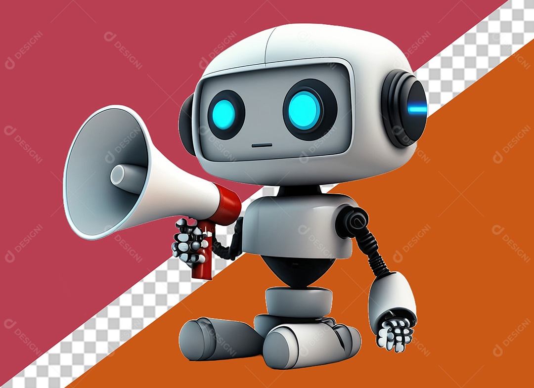 Elemento 3D Robô Falando em Megafone Branco e Vermelho para Composição PSD