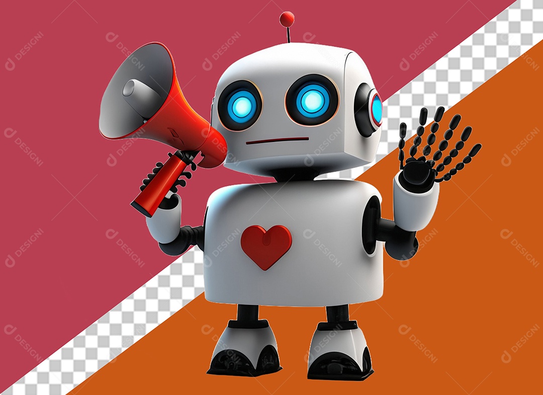 Elemento 3D Robô Segurando Megafone Vermelho para Composição PSD