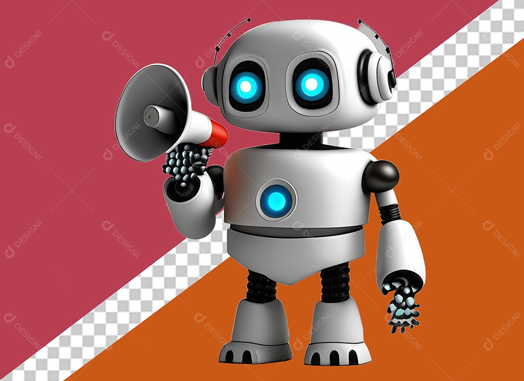 Elemento 3D Robô Segurando Megafone Branco e Vermelho para Composição PSD