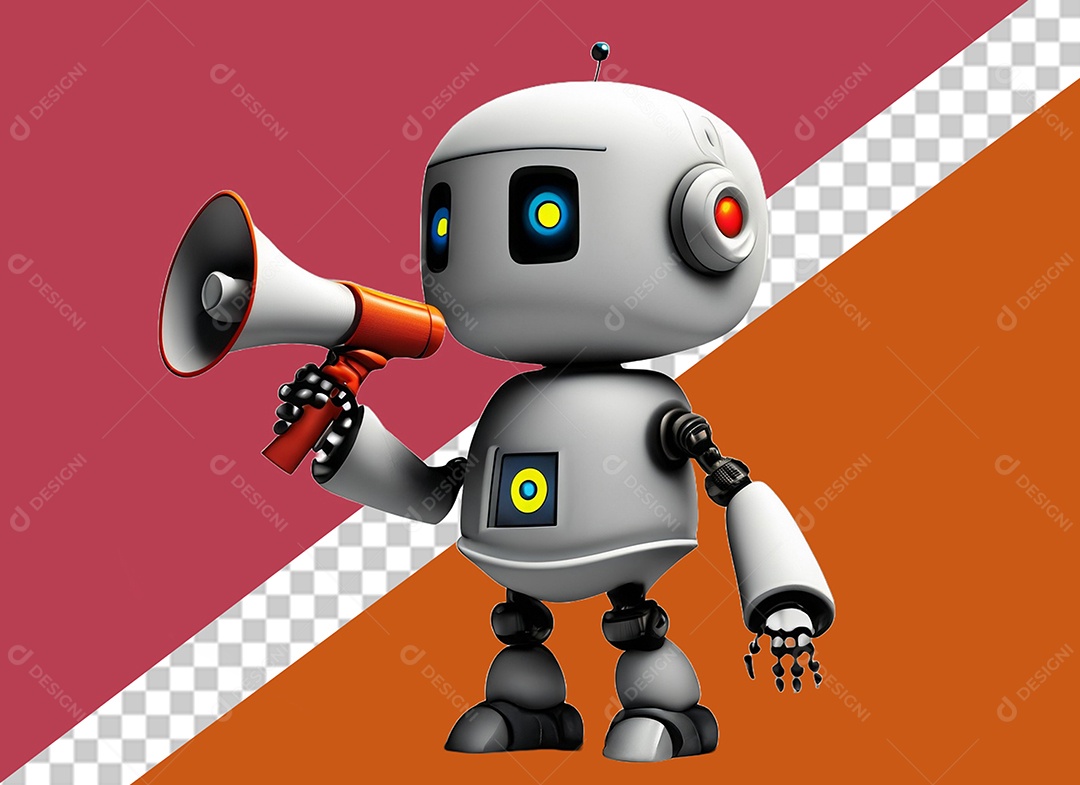 Robô Segurando Megafone Branco e Laranja Elemento 3D para Composição PSD