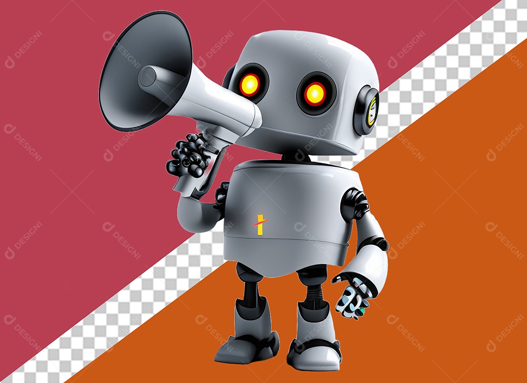 Robô Segurando Megafone Branco Elemento 3D para Composição PSD