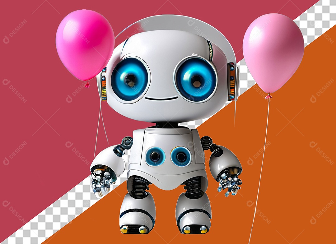 Elemento 3D Robô Fofo Segurando Balões Rosa Conceito do Dia dos Namorados para Composição PSD