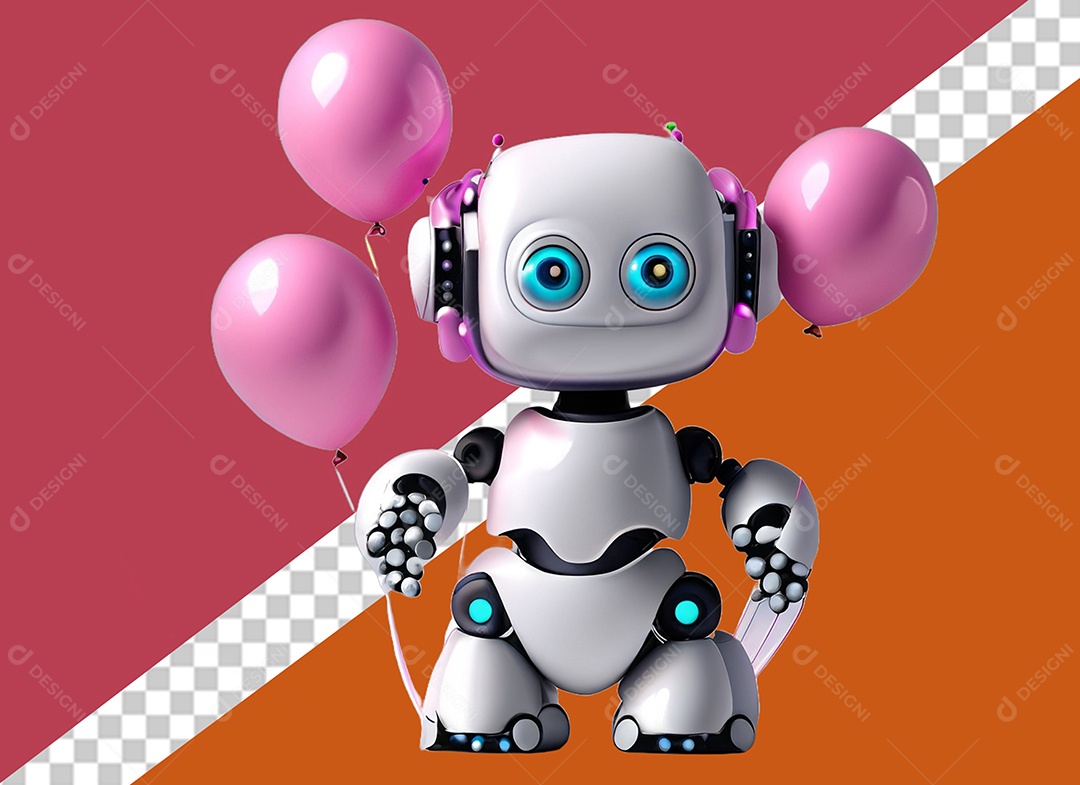 Elemento 3D Robô Segurando Balões Rosa Conceito do Dia dos Namorados para Composição PSD