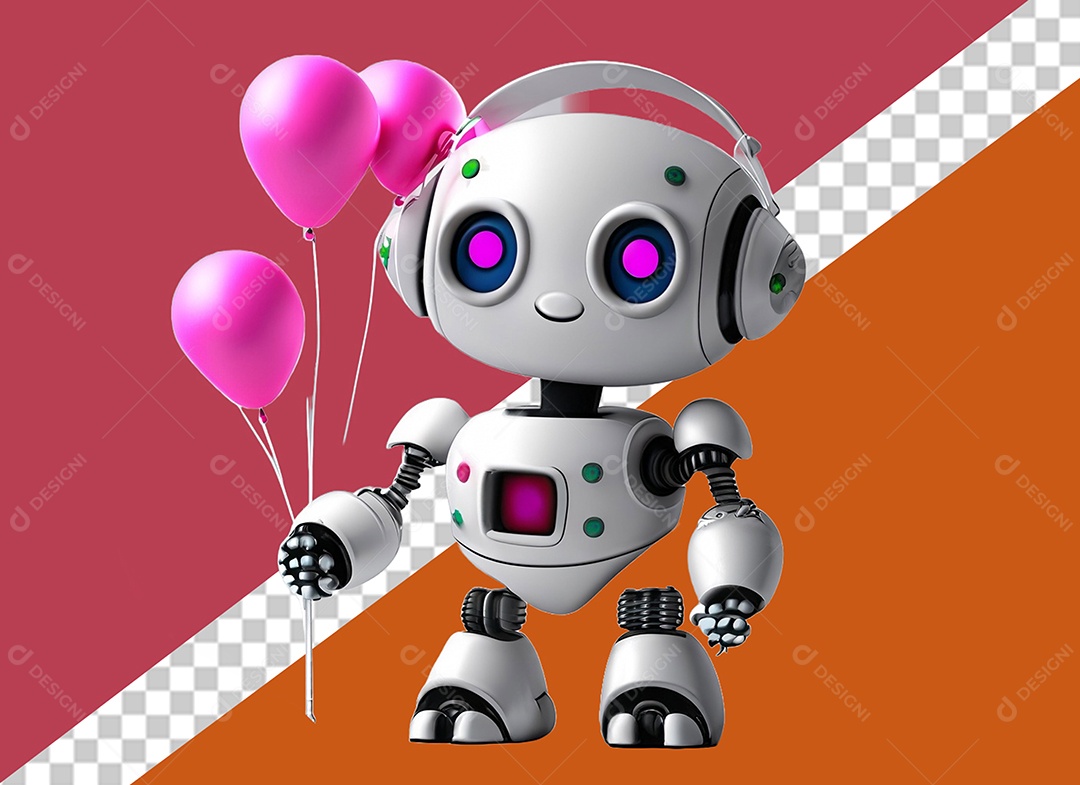Robô Segurando Balões Rosa Conceito do Dia dos Namorados Elemento 3D para Composição PSD