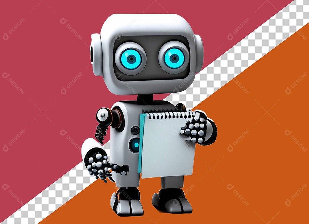 Robô Branco 3D Segurando Caderno Elemento para Composição PSD