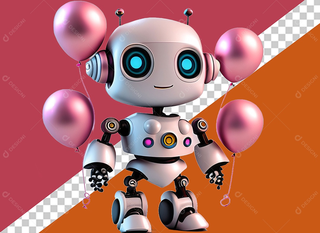 Robô Segurando Balões Rosa Conceito do Dia dos Namorados Elemento 3D PSD
