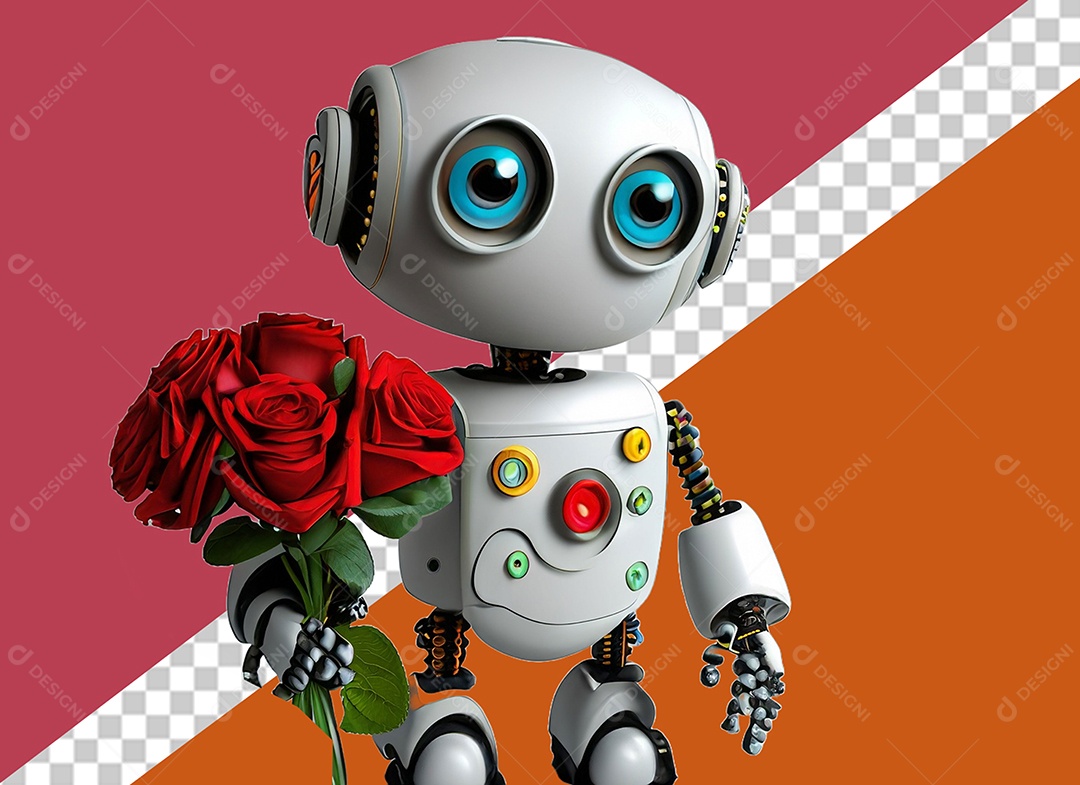 3D Robot Element Holding Red Rose Bouquet Valentine's Day Concept for PSD Composition