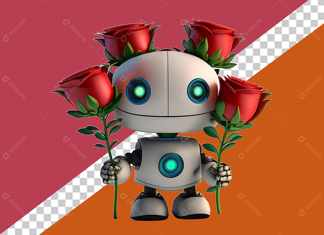 Elemento 3D Robô Segurando Rosa Vermelha Conceito do Dia dos Namorados para Composição PSD