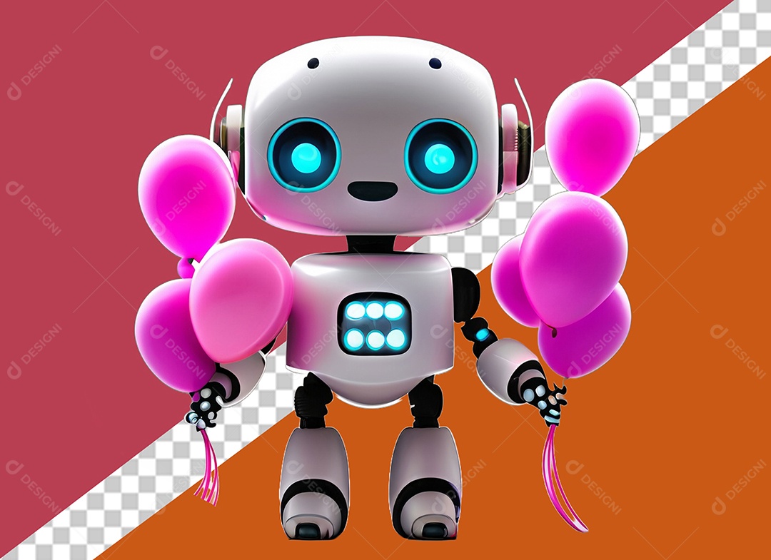 Elemento 3D Robô Segurando Balões Rosa Conceito do Dia dos Namorados para Composição PSD