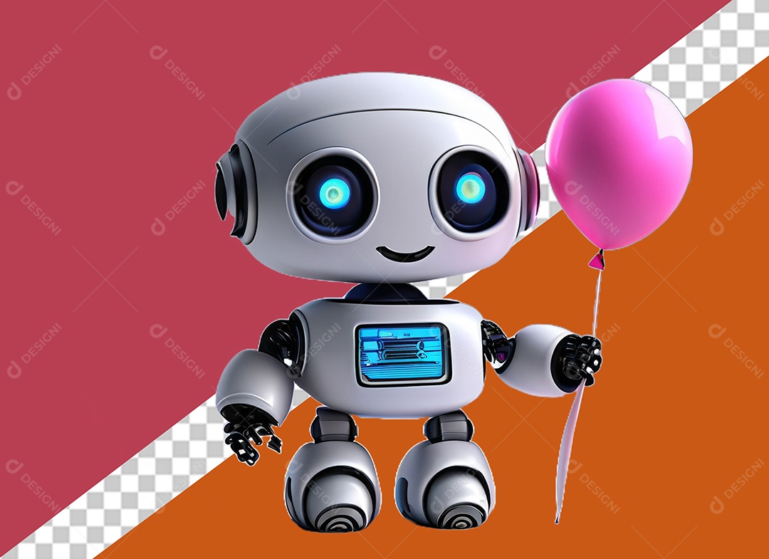 Elemento 3D Robô Segurando Balão Rosa Conceito do Dia dos Namorados para Composição PSD