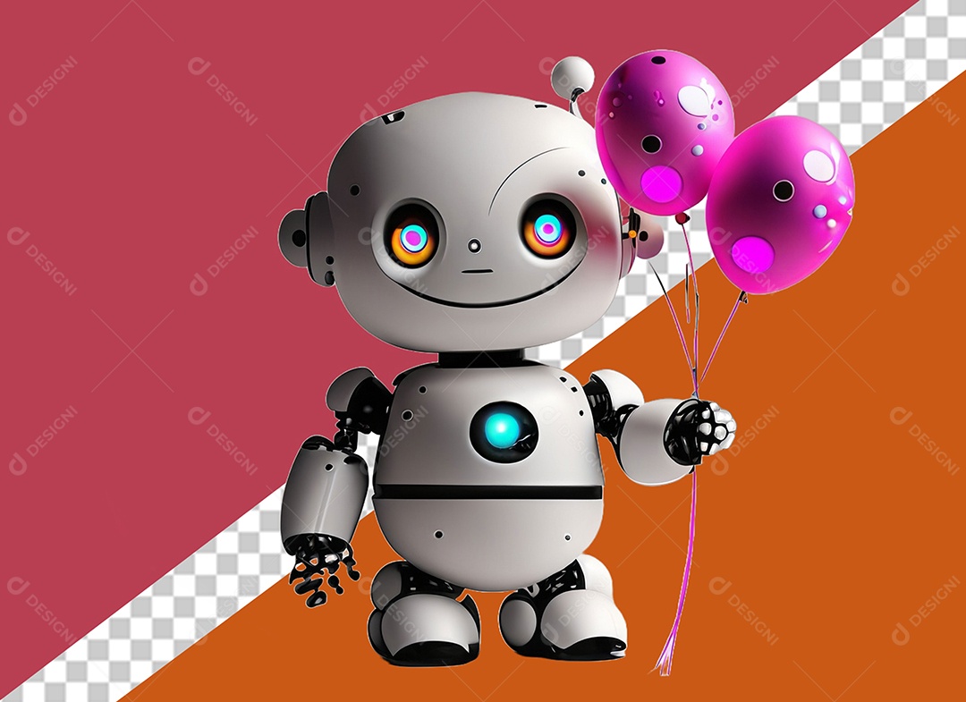 Elemento 3D Robô Segurando Balões Rosa Conceito do Dia dos Namorados para Composição PSD