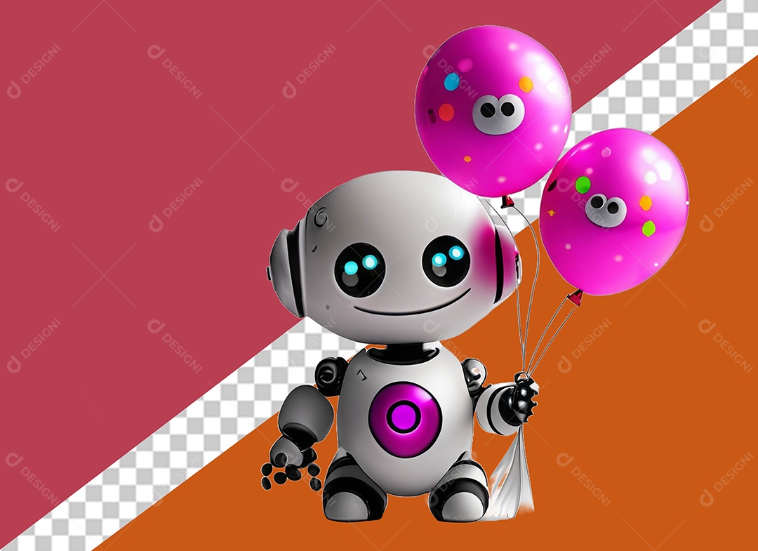 Robô Segurando Balões Rosa Conceito do Dia dos Namorados Elemento 3D para Composição PSD