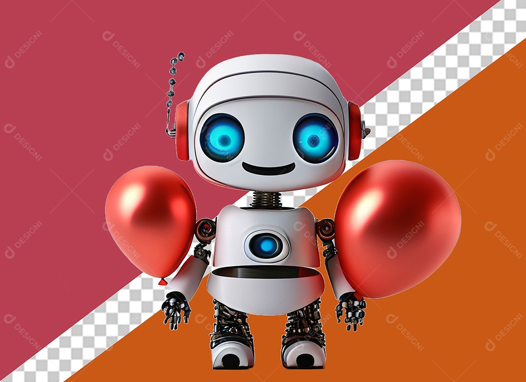 Robô Segurando Balões Vermelho Conceito do Dia dos Namorados Elemento 3D PSD