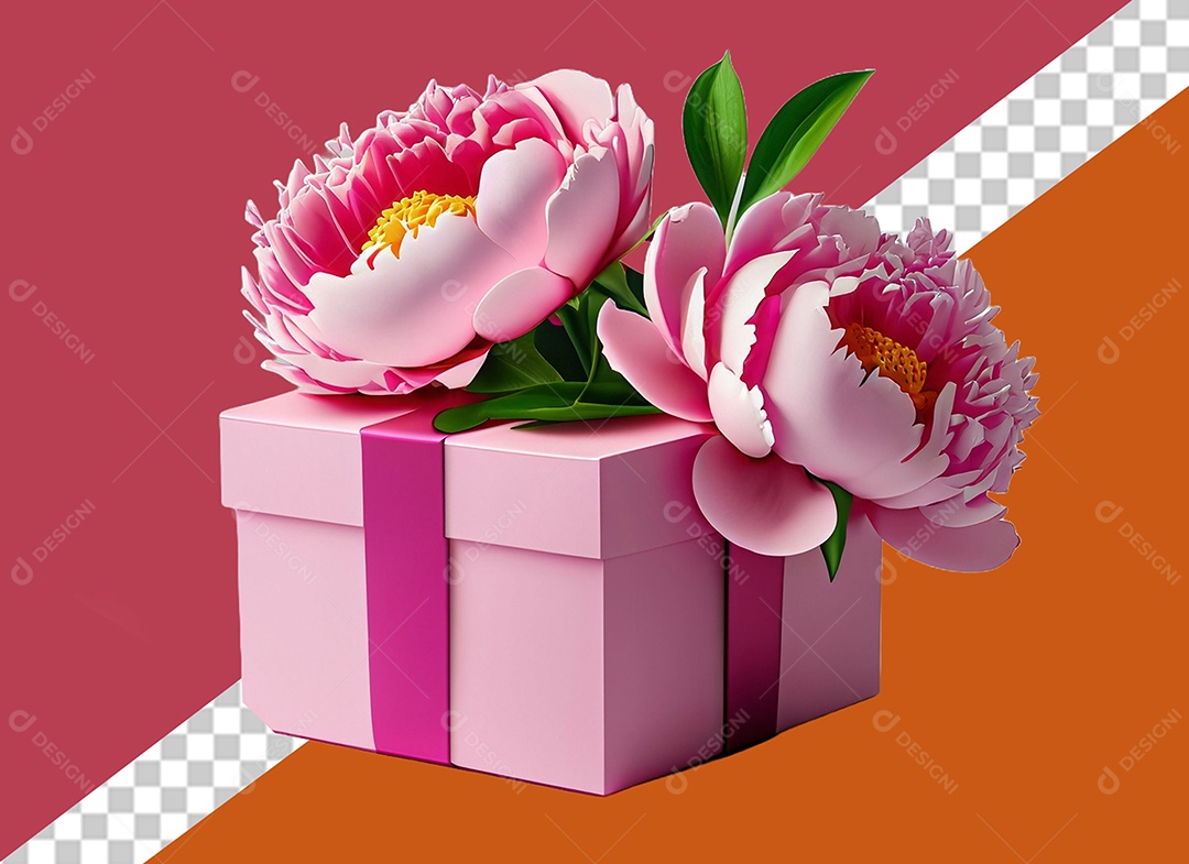 Elemento 3D Caixa de Presente para Dia dos Namorados Rosa com Flores para Composição PSD