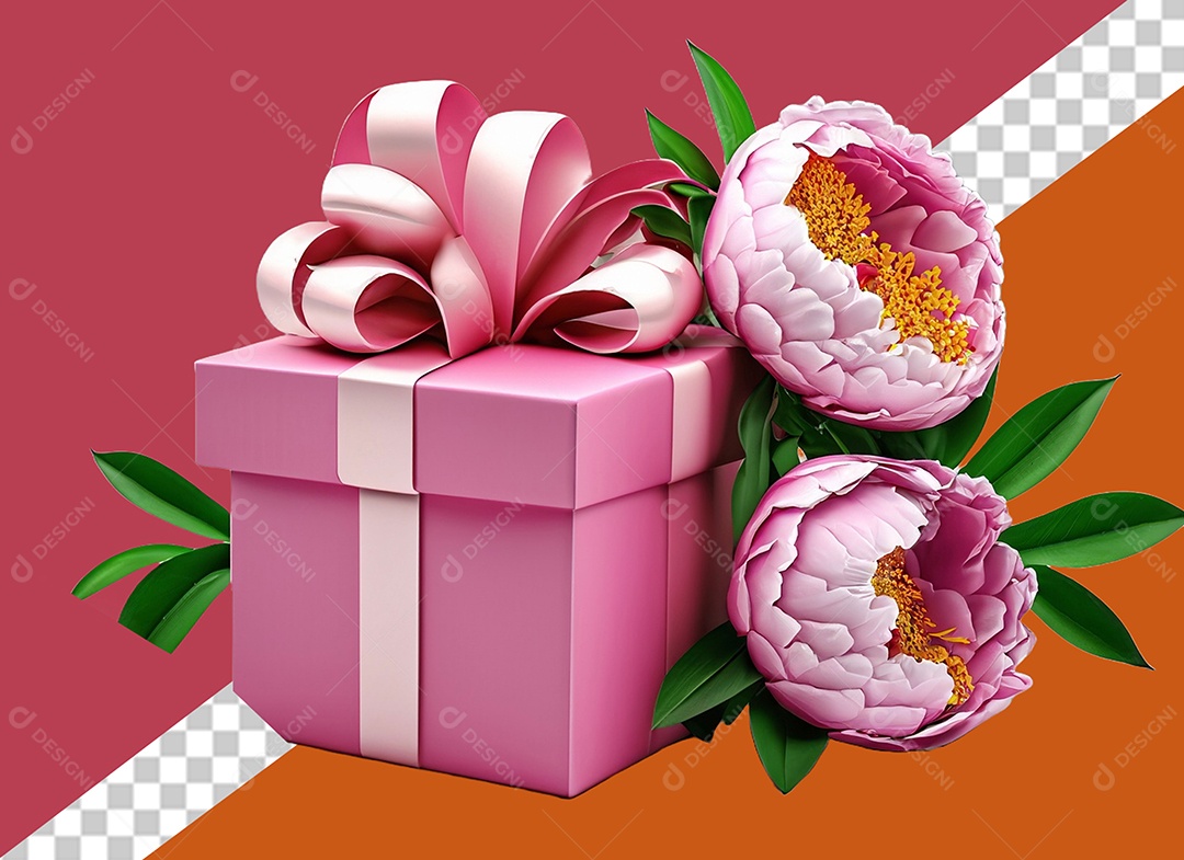 Caixa de Presente para Dia dos Namorados com Flores Elemento 3D para Composição PSD