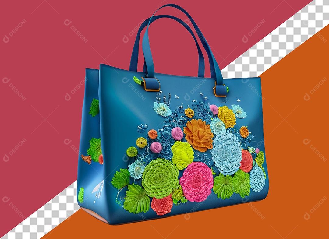 Elemento 3D Bolsa de Mão Azul com Desenho de Flores para Composição PSD