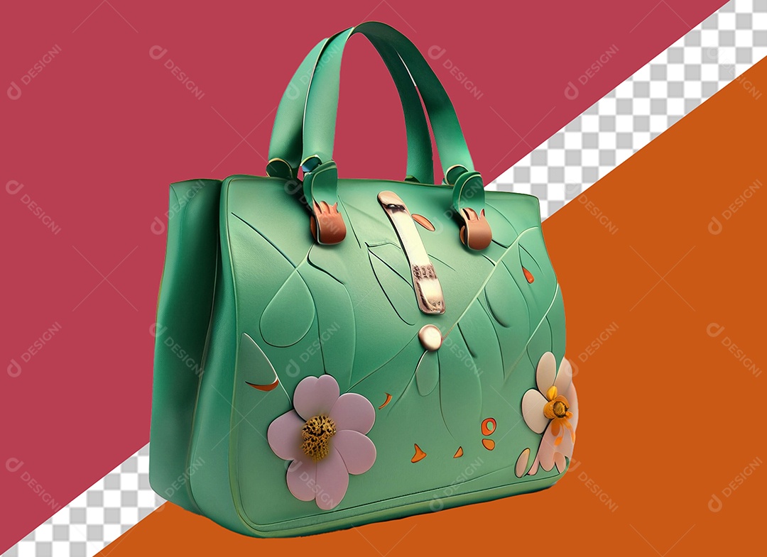 Bolsa de Mão Verde com Flores Elemento 3D para Composição PSD