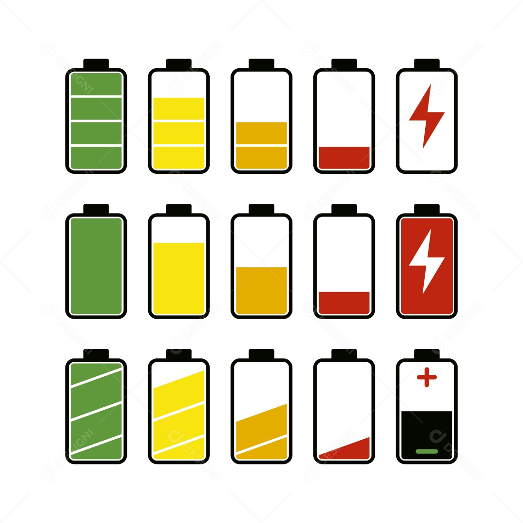Conjunto de Ícones de Nível de Bateria Ilustração Vetor EPS
