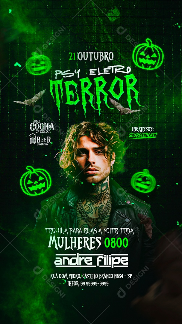 Story Flyer PSY Eletro Terror Tequila para Elas a Noite Toda Halloween Andre Filipe Social Media PSD Editável