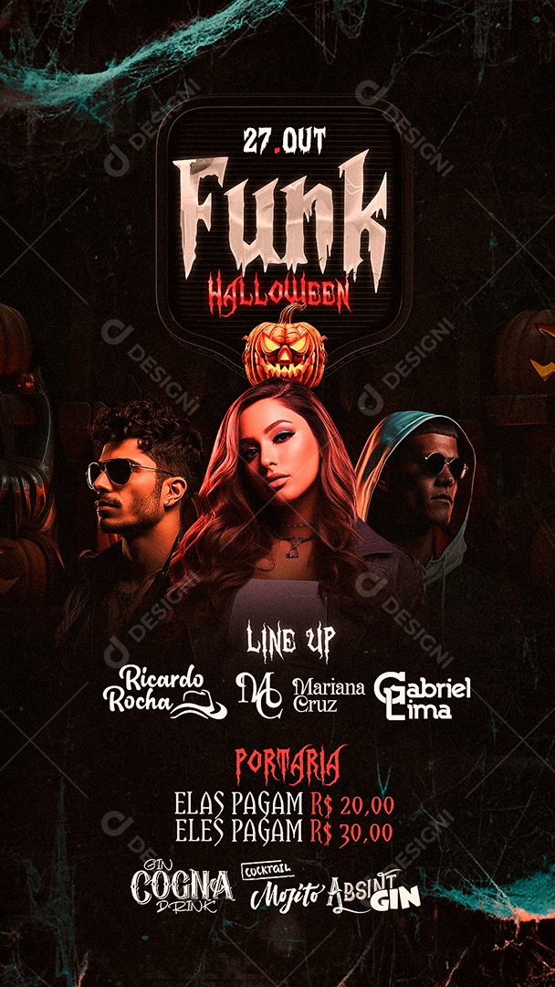 Story Flyer Funk Halloween Line Up Ricardo Rocha Mariana Cruz Gabriel Lima Social Media PSD Editável