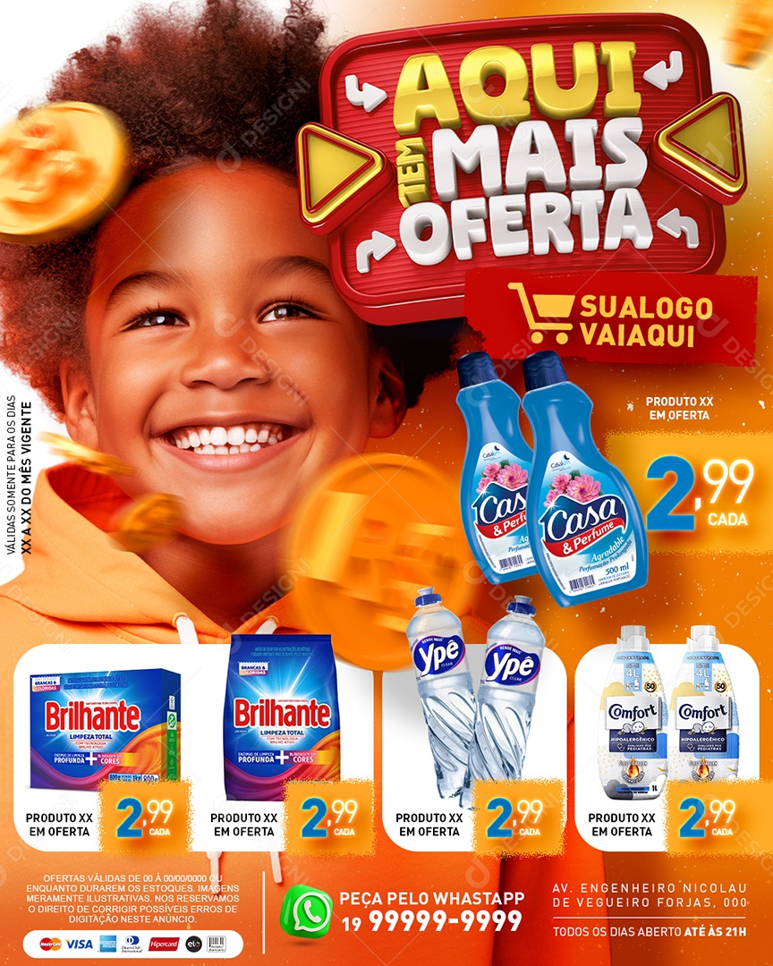 Tabloide Aqui Tem Mais Oferta Limpeza Sabão em Pó Amaciante Detergente Social Media PSD Editável