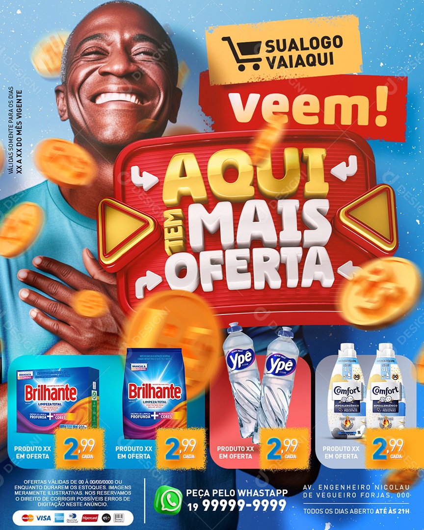 Tabloide Aqui Tem Mais Oferta Produtos Supermercado Sabão em Pó Detergente Social Media PSD Editável