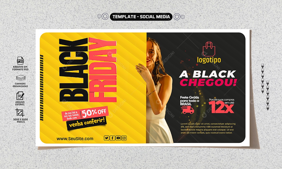 Social Media Banenr A Black Chegou Black Friday PSD Editável