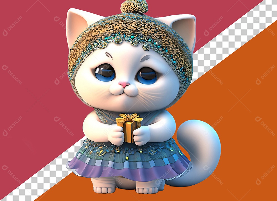 Elemento Gato 3D Segurando Caixa de Presente para Composição PSD