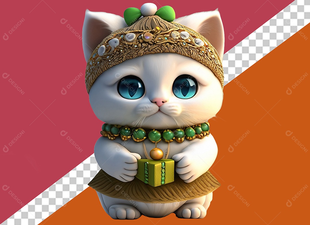 Elemento Gato 3D Segurando Caixa de Presente para Composição PSD