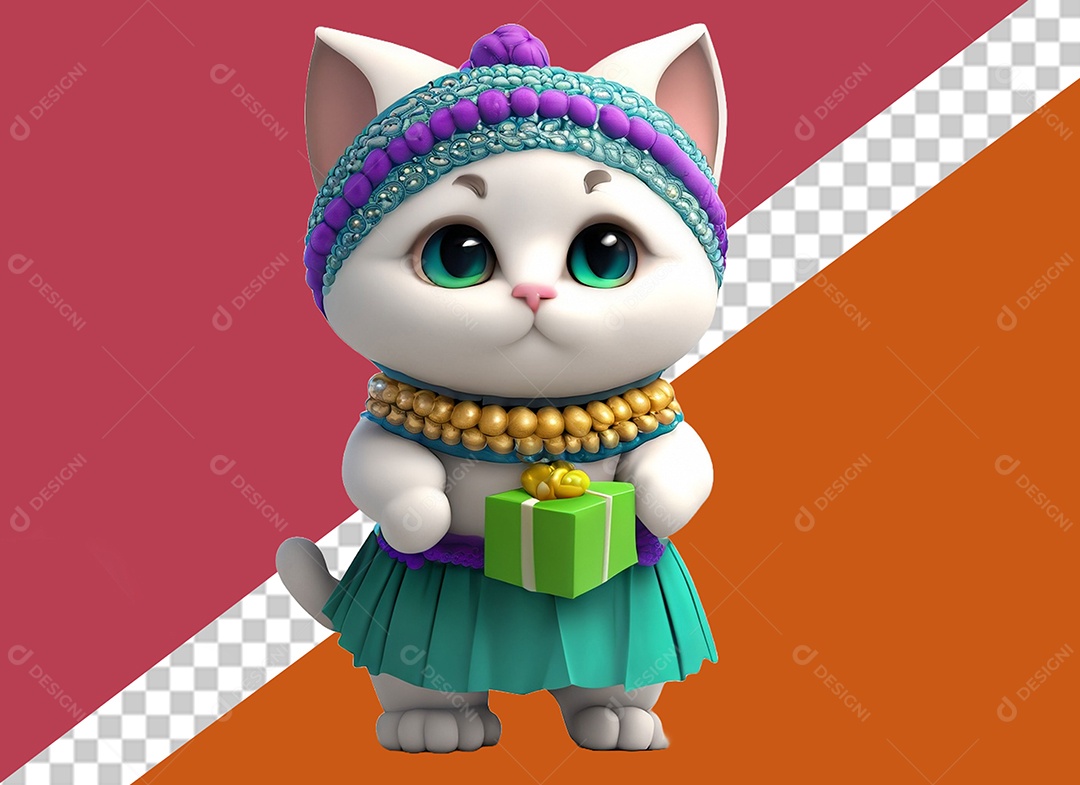 Elemento Gato 3D Segurando Caixa de Presente Verde para Composição PSD