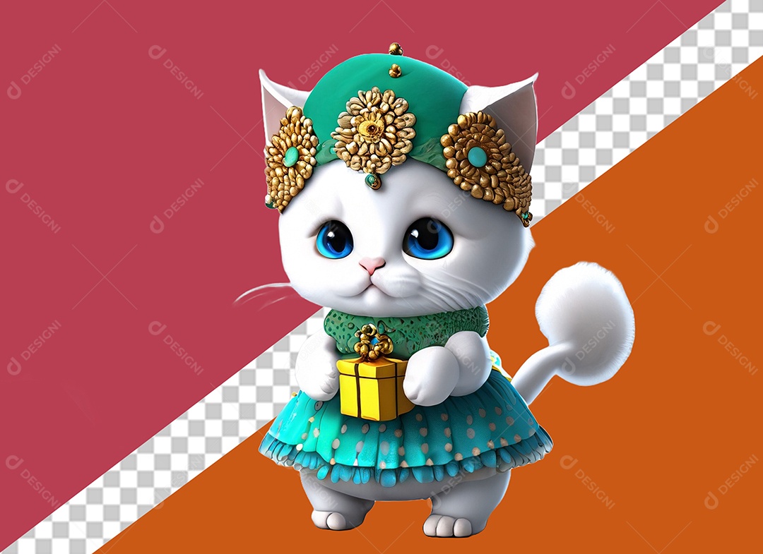 Linda Gata 3D Segurando Caixa de Presente Elemento para Composição PSD